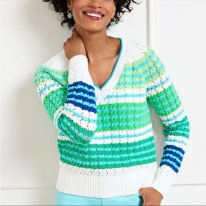 Talbots White Green Blue Striped Open Stitch V-Neck Cotton Sweater
